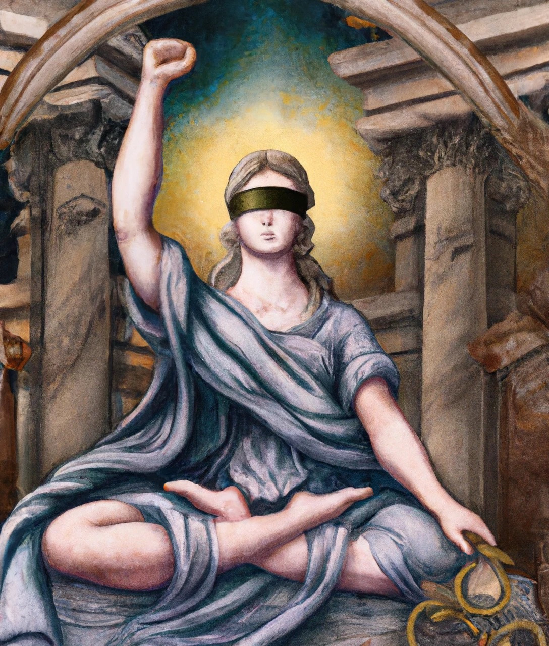 DALL·E: "Lady justice bodhisattva, fist raised in the air, ✊, by Giovanni Battista Piranesi"
